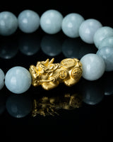 Gold Pixiu Charm Large White Beaded Jade Bracelet