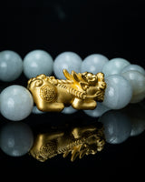 Gold Pixiu Charm Large White Beaded Jade Bracelet