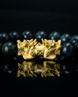 Gold Twin Pixiu Charm Large Black Beaded Jade Bracelet