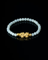 Gold Pixiu Charm Small White Beaded Jade Bracelet