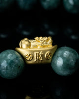Gold Wealth Guardian Pixiu Charm Green Beaded Jade Bracelet
