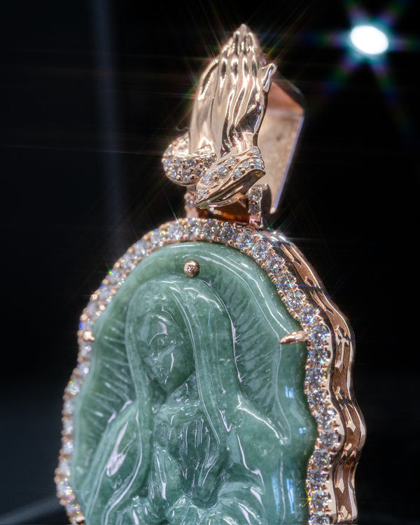 Sacred Grace: Rose 18k Gold Wrapped Micro Green Jade Virgin Mary Pendant with VVS Lab Diamonds