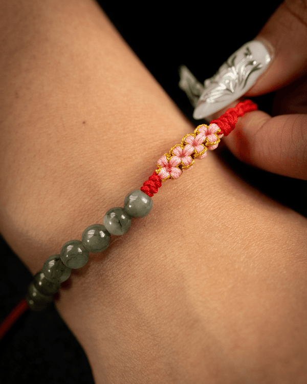 Beaded Red Rope Serene Blossom Jade Bracelet