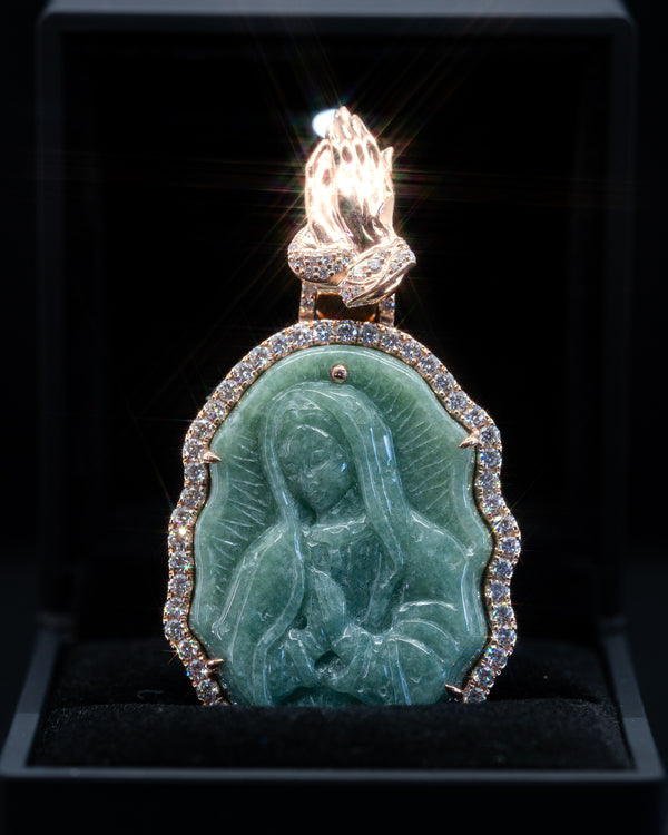 Sacred Grace: Rose 18k Gold Wrapped Micro Green Jade Virgin Mary Pendant with VVS Lab Diamonds