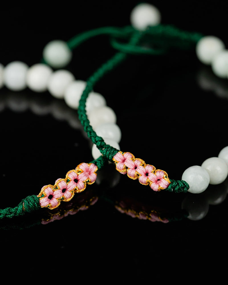 White Beaded Rope Serene Blossom Jade Bracelet