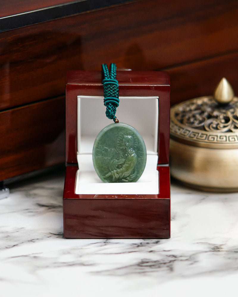 Oval Praying Jesus Blue Water Jade Pendant