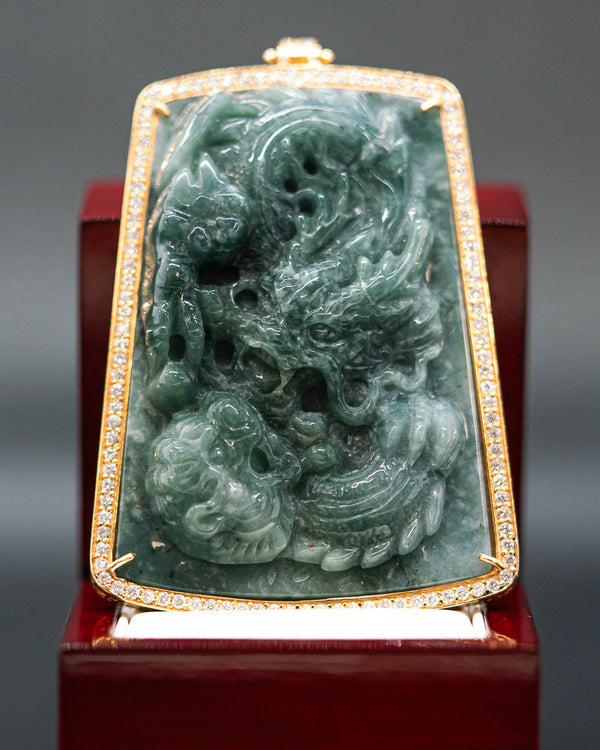 Yellow 18k Gold Wrapped Blue Water Jade Dragon Pendant w/ VVS Lab Diamonds
