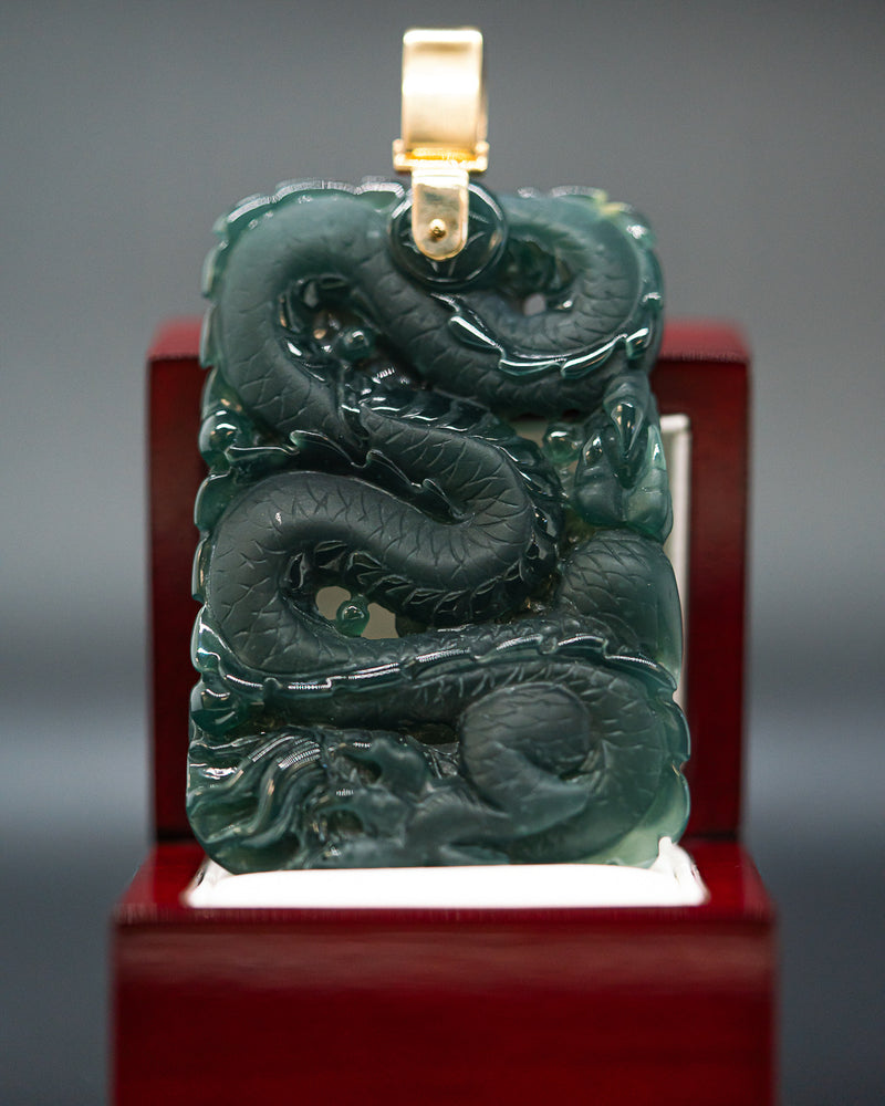Yellow 18k Gold Bail Blue Water Jade Buddha/Dragon Pendant w/ VVS Lab Diamonds