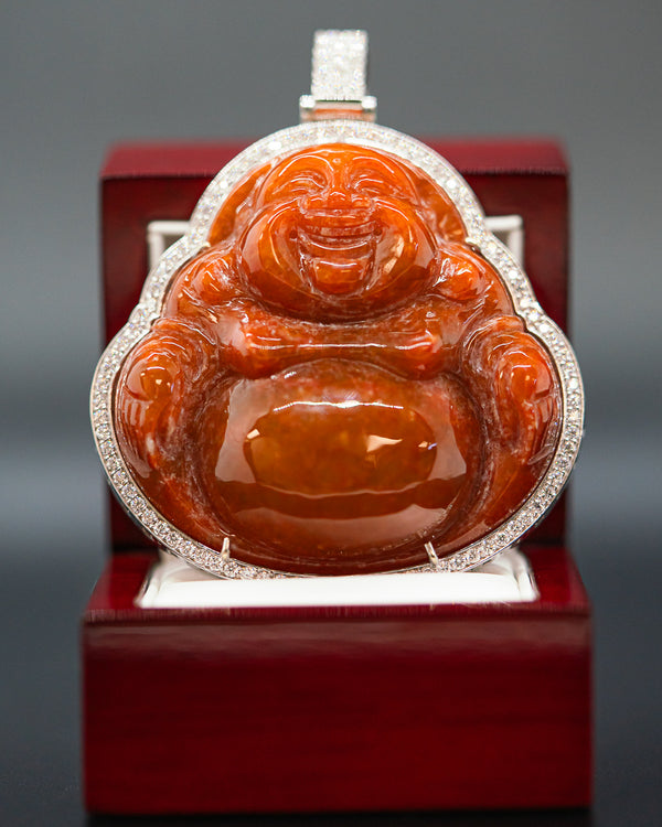 White Gold Wrapped Rare Red Jade Buddha Pendant with Clover Encasing and VVS Diamonds