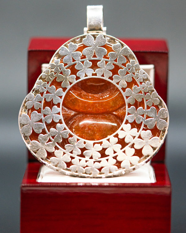 White Gold Wrapped Rare Red Jade Buddha Pendant with Clover Encasing and VVS Diamonds