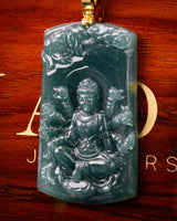 Meditating Guan Yin 100 Arms Bodhisattva Blue Water Jade Pendant