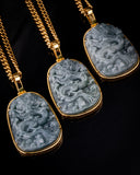 Golden Lucky Coin Border Dragon Flying Over 4 Seas Jade Pendant