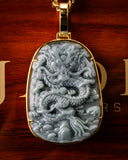 Golden Lucky Coin Border Dragon Flying Over 4 Seas Jade Pendant