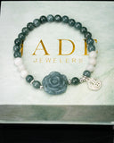 White Blue Beaded Rose + Charm Bracelet