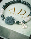 White Blue Beaded Rose + Charm Bracelet
