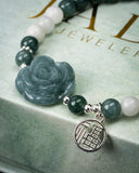White Blue Beaded Rose + Charm Bracelet