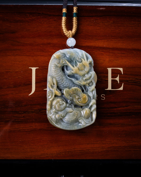Blue/Yellow Laughing Buddha Flying Dragon Jade Pendant