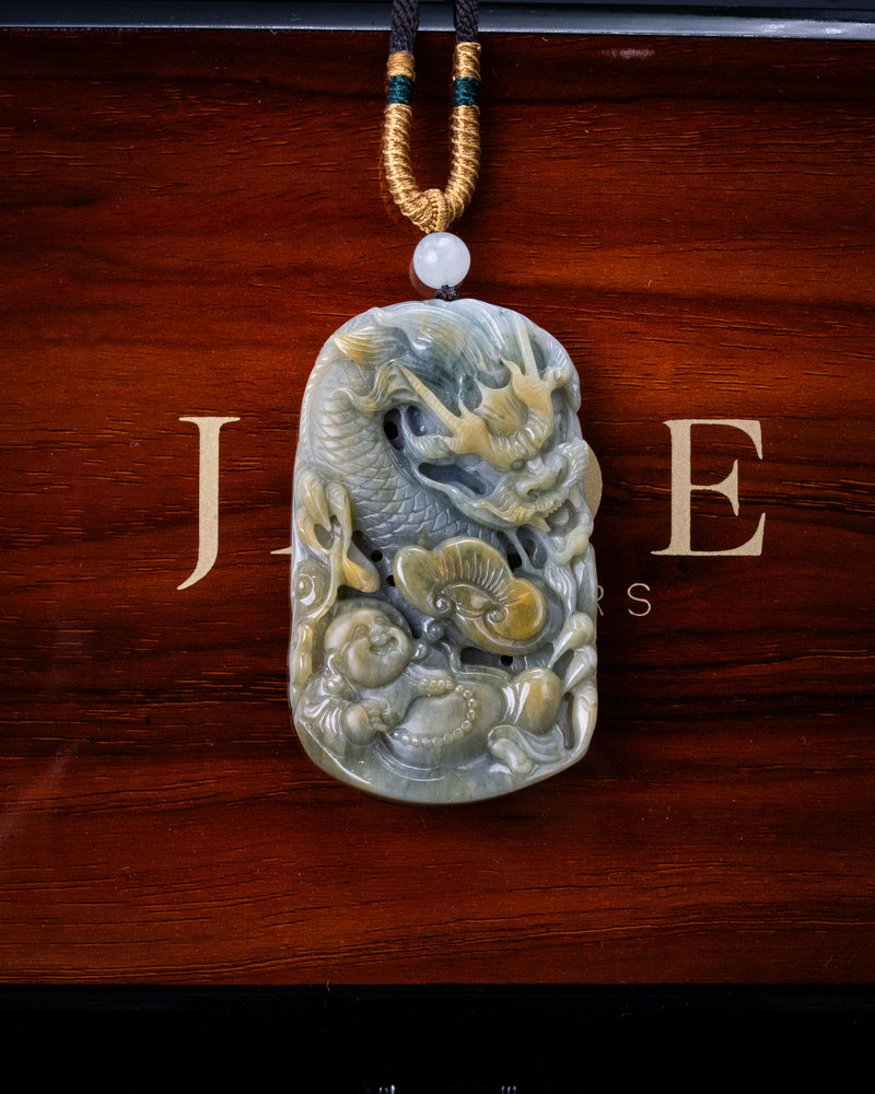 Blue/Yellow Laughing Buddha Flying Dragon Jade Pendant