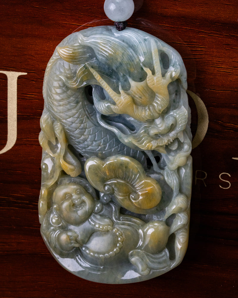 Blue/Yellow Laughing Buddha Flying Dragon Jade Pendant