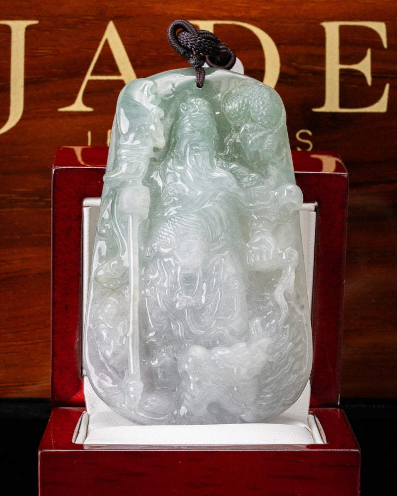 White/Green Guan Gong Lurking Dragon Two-Toned Jade Pendant