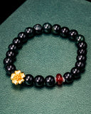 Gold Sakura Charm Black Bead Jade Bracelet