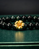 Gold Sakura Charm Black Bead Jade Bracelet