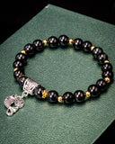 Silver Koi Fish Charm Black Bead Jade Bracelet