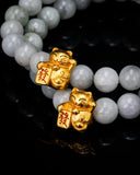 Gold Lucky Cat White Beaded Jade Bracelet