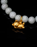 Gold Sleeping Lucky Cat White Beaded Jade Bracelet