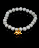 Gold Sleeping Lucky Cat White Beaded Jade Bracelet