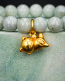Gold Sleeping Lucky Cat White Beaded Jade Bracelet
