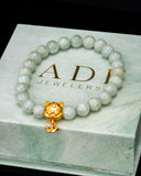 Gold Tiger Charm White Beaded Jade Bracelet