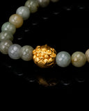 Gold Fu Dog Head Green Beaded Jade Bracelet