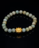 Gold Fu Dog Head Green Beaded Jade Bracelet