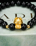 Gold Baby Lion Dancer Black Beaded Jade Bracelet