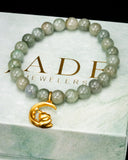 Gold Dino Crescent Moon Green Beaded Jade Bracelet