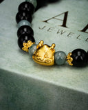 Gold Baby Lion Dancer Two-Toned Black/Green Beaded Jade Bracelet