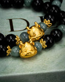 Gold Baby Lion Dancer Two-Toned Black/Green Beaded Jade Bracelet