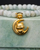 Gold Crescent Moon Baby Lion Dancer White Beaded Jade Bracelet