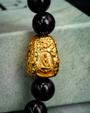 Gold Meditating Buddha Charm Black Beaded Jade Bracelet
