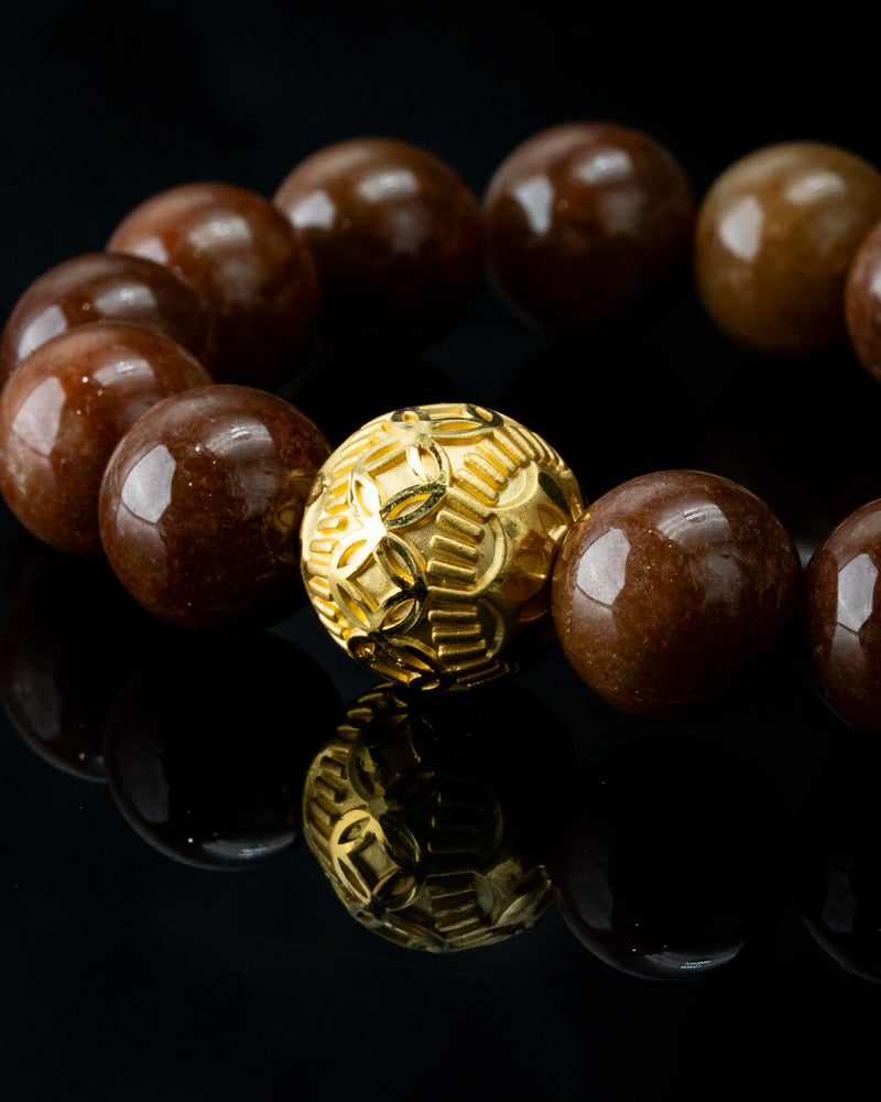 Gold Lucky Coin Ball Charm Large Red Beaded Jade Bracelet