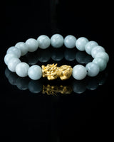 Gold Pixiu Charm Large White Beaded Jade Bracelet