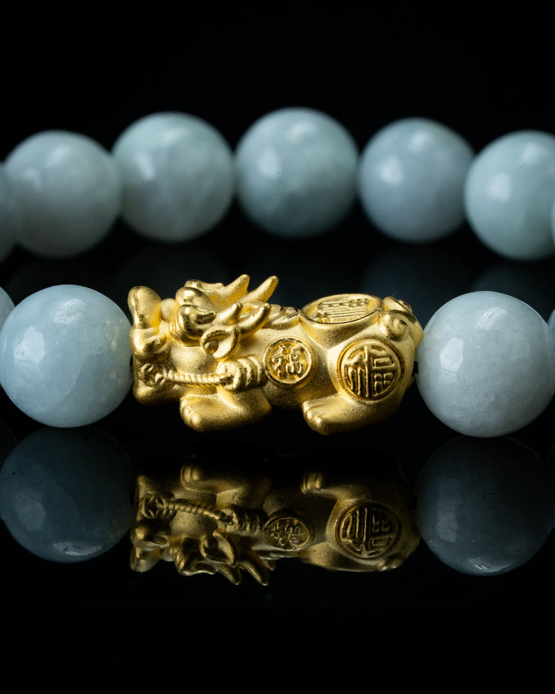 Gold Pixiu Charm Large White Beaded Jade Bracelet