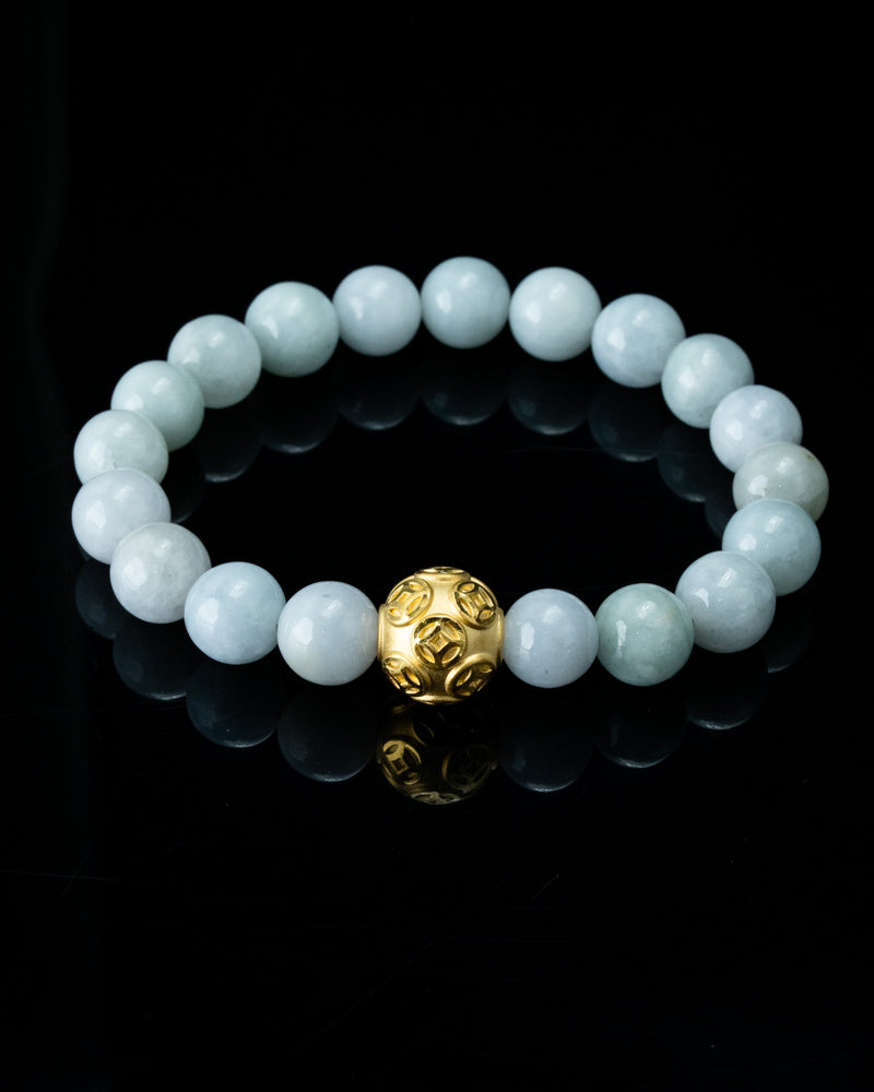 Gold Lucky Coin Ball Charm White Beaded Jade Bracelet