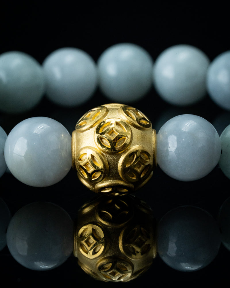 Gold Lucky Coin Ball Charm White Beaded Jade Bracelet