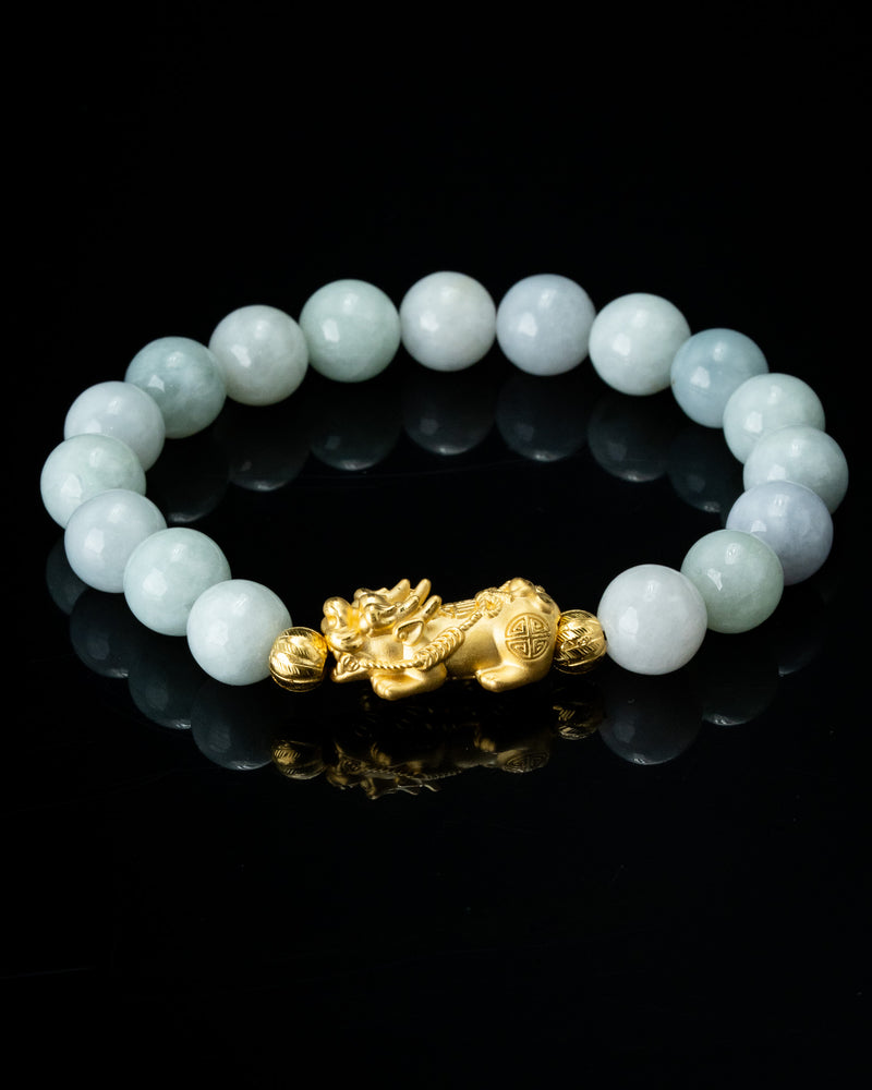 Gold Pixiu Charm White Beaded Jade Bracelet