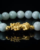 Gold Pixiu Charm White Beaded Jade Bracelet