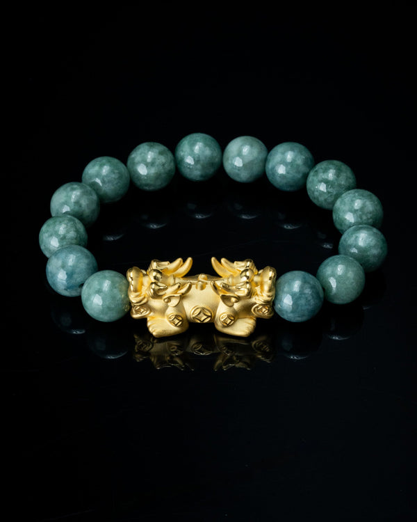Gold Twin Pixiu Charm Green Beaded Jade Bracelet