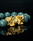 Gold Twin Pixiu Charm Green Beaded Jade Bracelet
