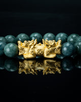 Gold Twin Pixiu Charm Green Beaded Jade Bracelet